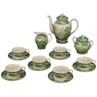 Set of 15 Green and White Porcelain Tea Set   #R3293