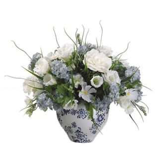 Gardenias and Cosmos in Ceramic Pot Faux Flowers   #N6698