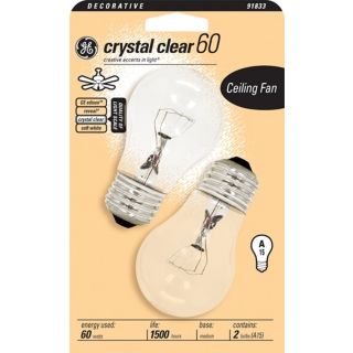 GE 60 Watt Crystal Clear 2 Pack Ceiling Fan Light Bulbs   #91833
