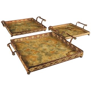 Set of 3 Square Metal and Glass Malta Trays with Handles   #V5177