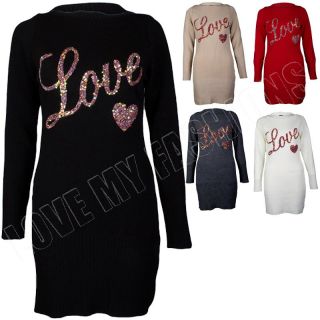 New Womens Ladies Sequinned Love Jumper Dress Knitted Top Size 8 10 14