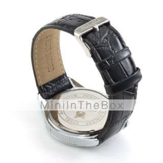 Japanese PC Movement Black Leather Band Wrist Watch Silver Case White
