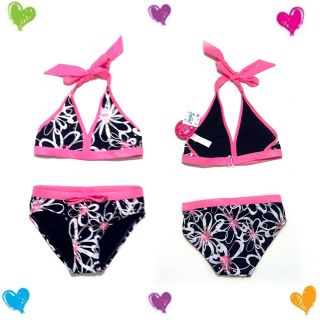 Justice Girls Size 6 Floral Shimmer Bikini Black Pink 2 Piece Swimsuit