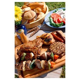 Food served on a picnic table Poster