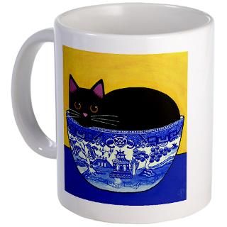 Black CAT In Blue Willow Bowl Mug