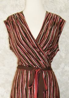BCBG Max Azria Brown Coral Vertical Print True Wrap Dress L Stretch