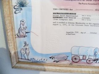 Vtg Certificate Soddie SOD Town House 1971 Colby KS CSU
