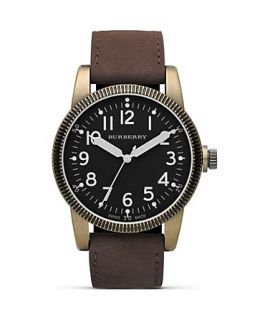Unisex Round Military Watch with Leather Strap, 44 mm
