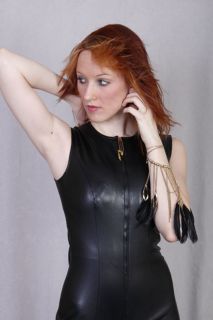 Beautiful ESCADA Black Leather Like Catsuit Jumpsuit Emma Peel Sz 38