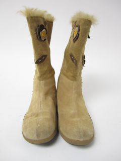 Lelli Kelly Tan Suede Mid Calf Flower Detail Whip Stitch Flat Boots