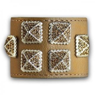 Khufu Beige Leather Wrap Snap Closure Gold Crystal Fashion Wide Cuff