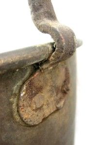 Antique C1750 1800 Brass Kettle Iron Handle Rolled Rim Pennsylvania