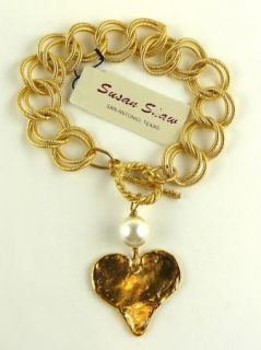 Heart and Chain Link and Pearl Bracelet Susan Shaw Free SHIP