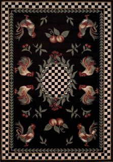 Country Kitchen Area Rug Rooster Black 5x7 Fruits Hens