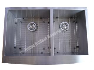 Steel Double Bowl Kitchen Sink Apron Handcrafted Drain Strainer