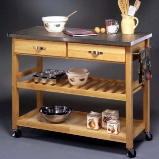 Kitchen Island Cart with Stainless Steel Top in Natural Finish