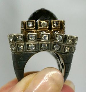 Monumental Turkish Hand Made Castle Style Ring Sterling Gold Smokey