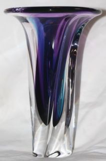 Tall Kosta Boda Blue Purple Flared Top Vase Goran Warff Signed