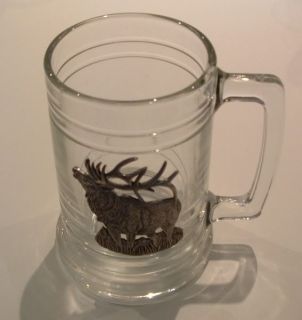 Glass BEER MUG , with peweter type WESTERN boot, MOOSE & Moose Head