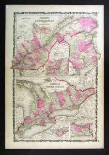 1862 Johnson Map   Upper & Lower Canada Ontario Quebec New Brunswick