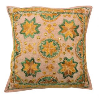 Mirror Work Cushion Cover Cotton Embroidered Brown Pillow Case India