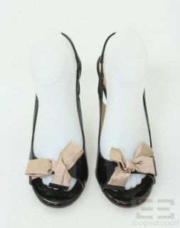 Autre Chose Black Patent Leather Taupe Bow Slingback Heels Size 38