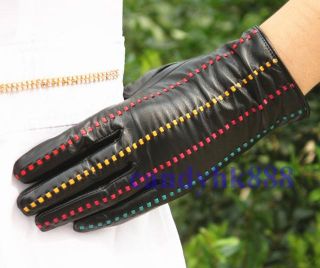 Women Black Deluxe Fashion Genuine Lamb Leather Wrist Gloves 4 Lines