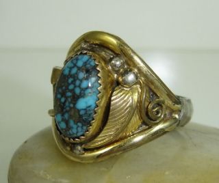 Navajo Ring Lander Blue Turquoise Claw Gold Sterling E Jackson