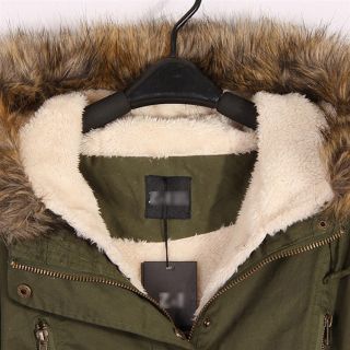 Womens Army Green Winter Coats Hooded Garments Fur Collar Detachable