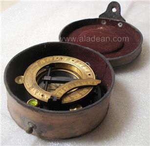 Antique Brass Sundial Magnetic Compass w Leather Box Nautical Sun