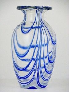 Handcrafted Art Glass Vase w Blue White Swirl Relief