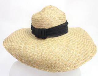 You are bidding on a DESIGNER Black Trim Tie Large Straw Beach Sun Hat