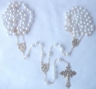 White Glass Pearl Goldtone Catholic Lasso Wedding Rosary New