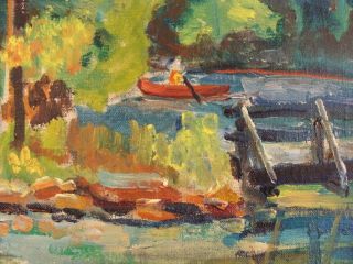 Antique Benjamin Lassen O C Lake Landscape Painting w Gazebo Canoe