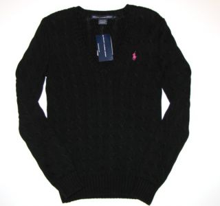 Ralph Lauren Womens Sweater L Large Black V Neck Cotton Pink Pony New