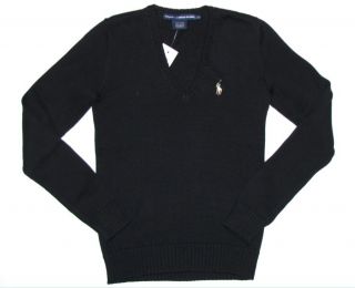 Polo Ralph Lauren Womens Sweater XS x Small Black Cotton Pony V Neck