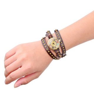 Leather Bracelet Wrap Wrist Watch   Dark Dark Brown + Bronze