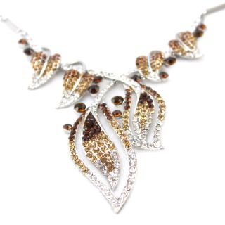 Crystal Elegant Silver Leaf Jewelry Necklace Earrings Set yellow