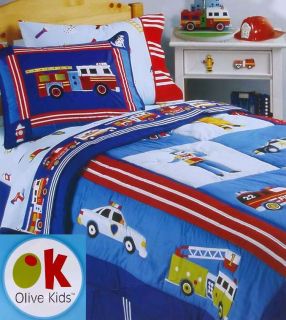 Olive Kids Fire Police Rescue Heroes Queen Comforter Sheets 5pc