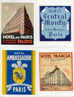 20 Retro Luggage Labels Stickers Vintage Paris Hotels