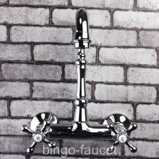Double Cross Handles Wall Mounted Bridge Kitchen Faucet in Chrome