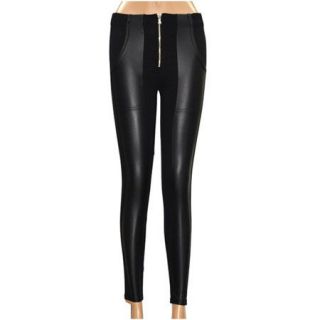 Black Faux Leather Leggings as Pants with Zipper Skinny Warm Jeggings