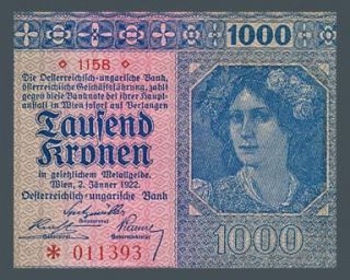 1000 Kronen Banknote of Austria 1922 Ehtnic Girl VF