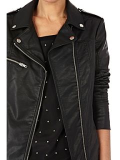 Warehouse Long Line Faux Leather Biker Jacket Black   