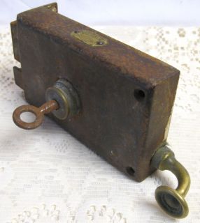 RARE Antique French Fontaine Iron Door Rim Lock Key Brass Pull Handle