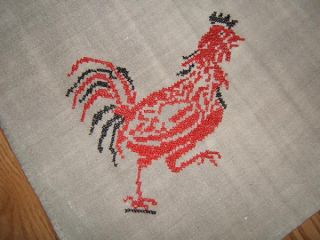 Antique OLD RUSSIA EMBROIDERED ROOSTER HEAVY LINEN Tablecloth 31x34