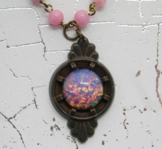 Vintage Pink Glass Fire Opal Harlequin Rosary Glass Beaded Necklace