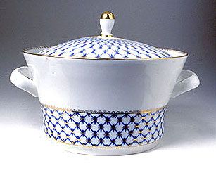 Lomonosov Porcelain SOUP Bowl/Lid Cobalt Net Image