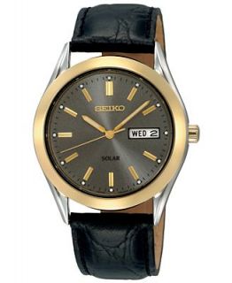 Seiko Watch, Mens Solar Charcoal Black Leather Strap 37mm SNE050