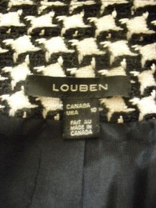 Louben Tweed Zip Blazer Sz 10 M Black Ivory Wool Winter Faux Leather
